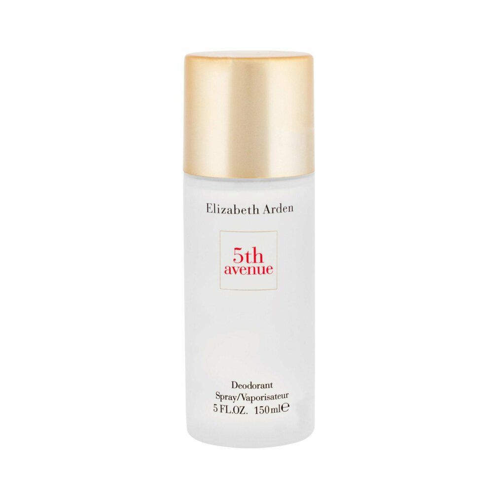 Spray deodorante Elizabeth Arden. Flacone bianco, tappo dorato. Scritta: 5th avenue, Deodorant Spray/Vaporisateur, 5 FL.OZ. 150ml.