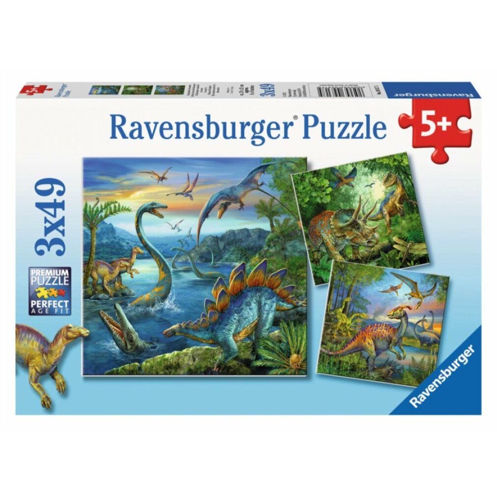 Puzzle Ravensburger 3x49 pezzi con scene di dinosauri. Per bambini dai 5 anni in su.