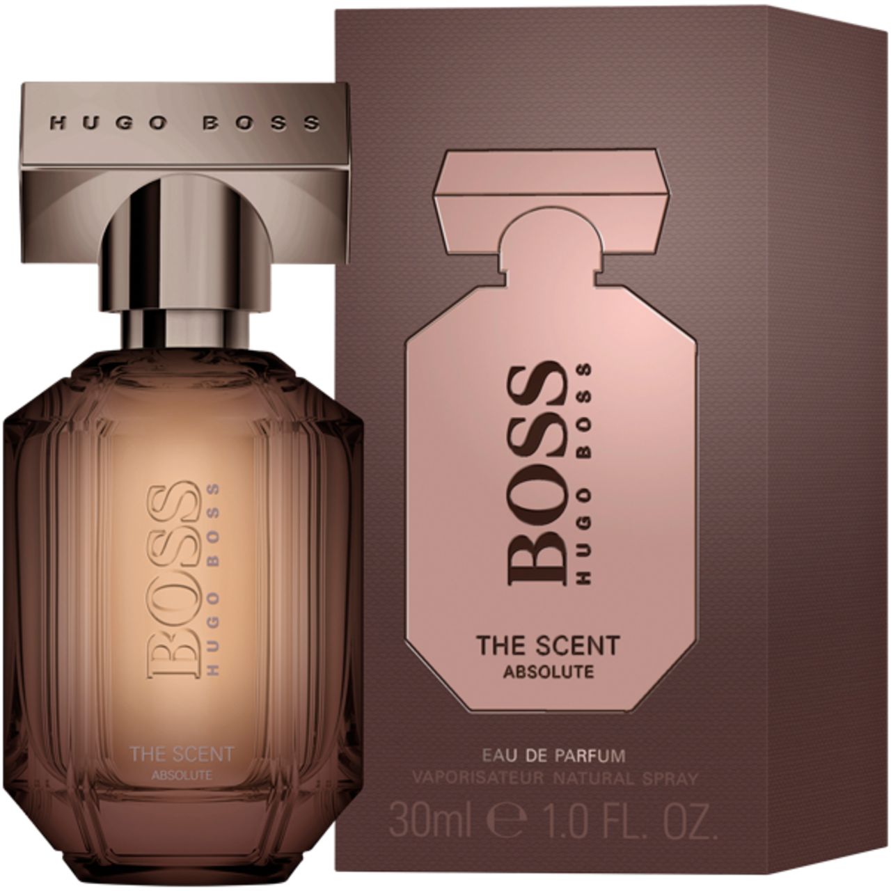 Flacone di profumo e confezione. Flacone marrone, angolare, con tappo argentato. Confezione marrone con logo.