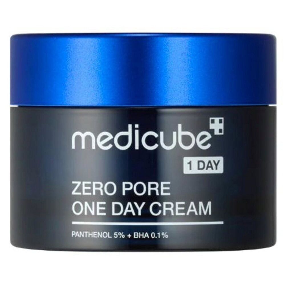Medicube Zero Pore One Day Cream in vaso nero con tappo blu. Contiene pantenolo e BHA.