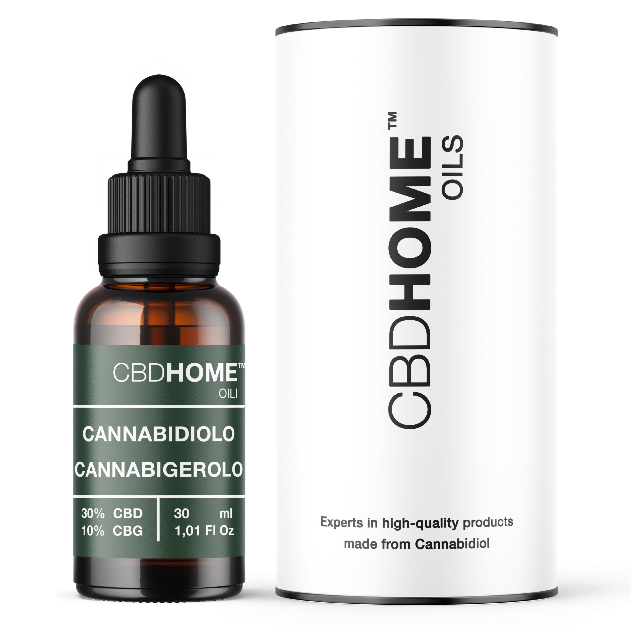 Flacone di olio CBDHOME con contagocce e confezione cilindrica. Contiene 30% CBD, 10% CBG.