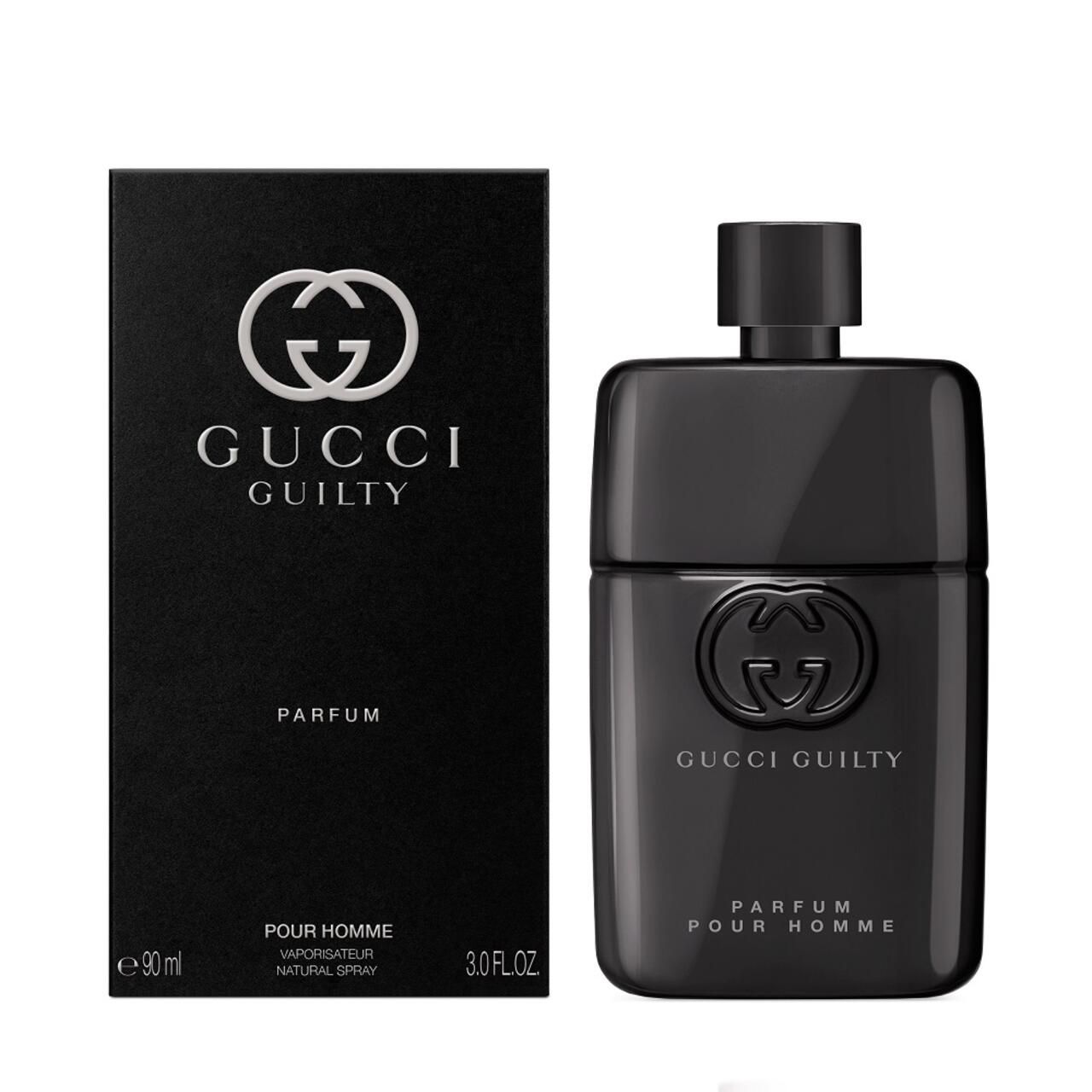 Flacone e confezione neri. Gucci Guilty Parfum Pour Homme. Logo e testo.