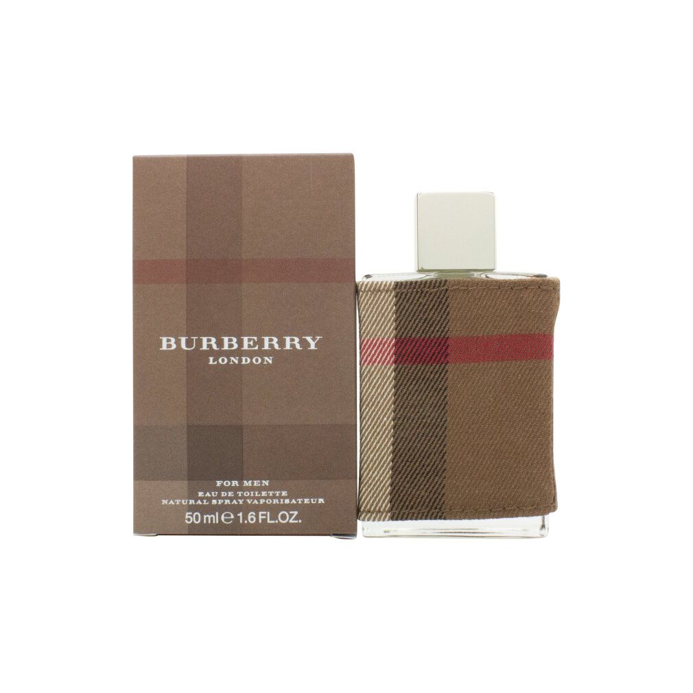 Flacone e confezione Burberry. Scritta: BURBERRY LONDON. Flacone con tappo bianco. 50ml.