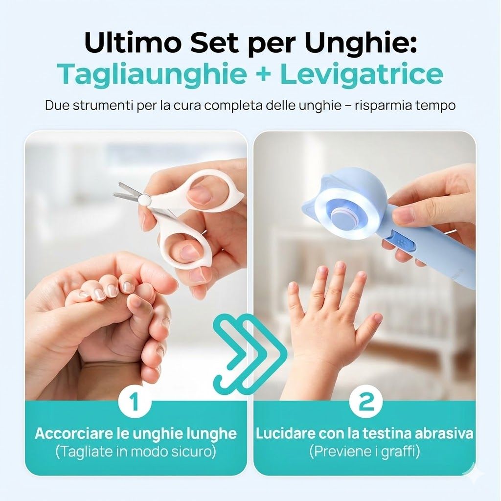 Tagliaunghie e lima per unghie. Due strumenti per la cura delle unghie. Mano del bambino con forbici. Mano del bambino con testa abrasiva.