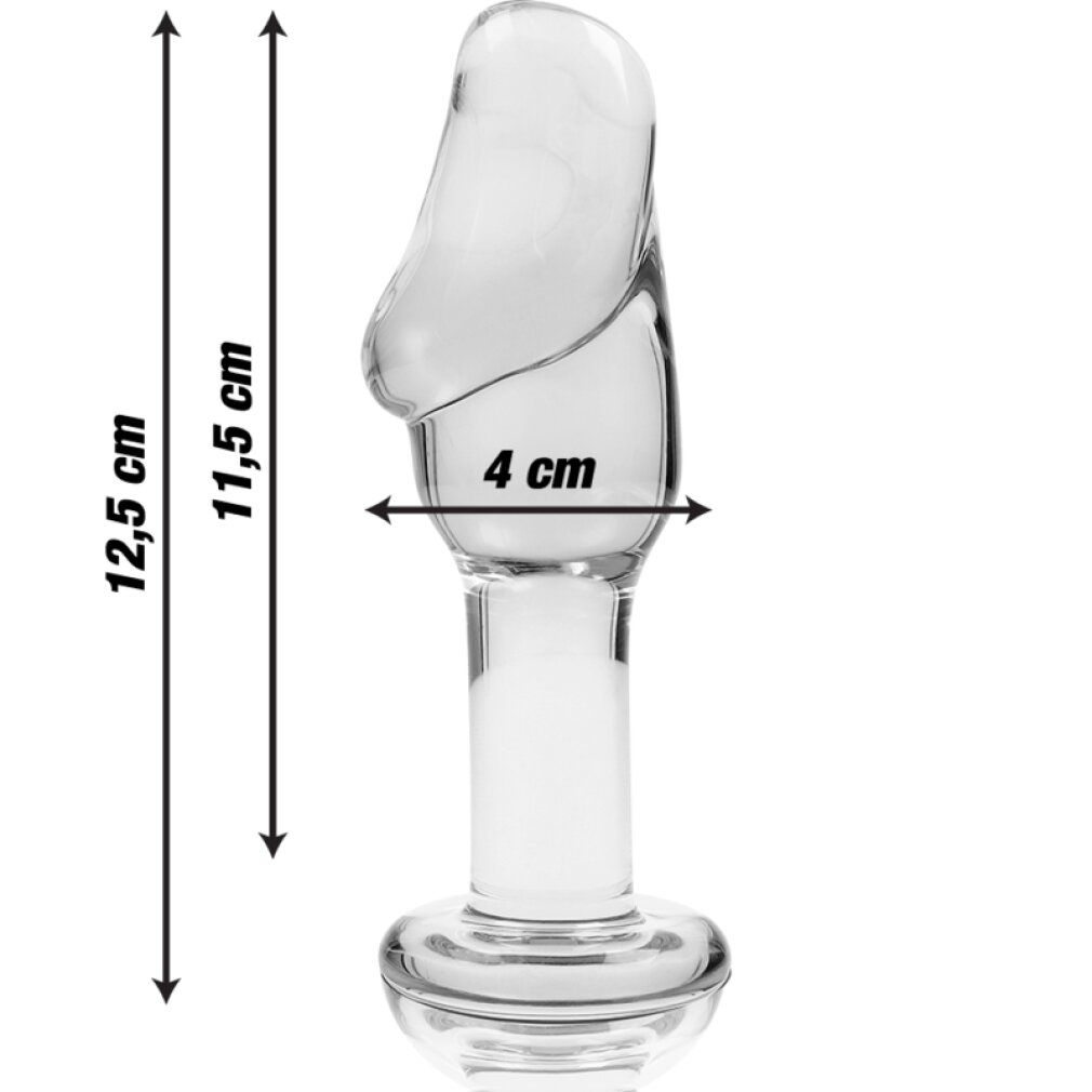 Spina anale in vetro borosilicato, lunga 12,5 cm, larga 4 cm.