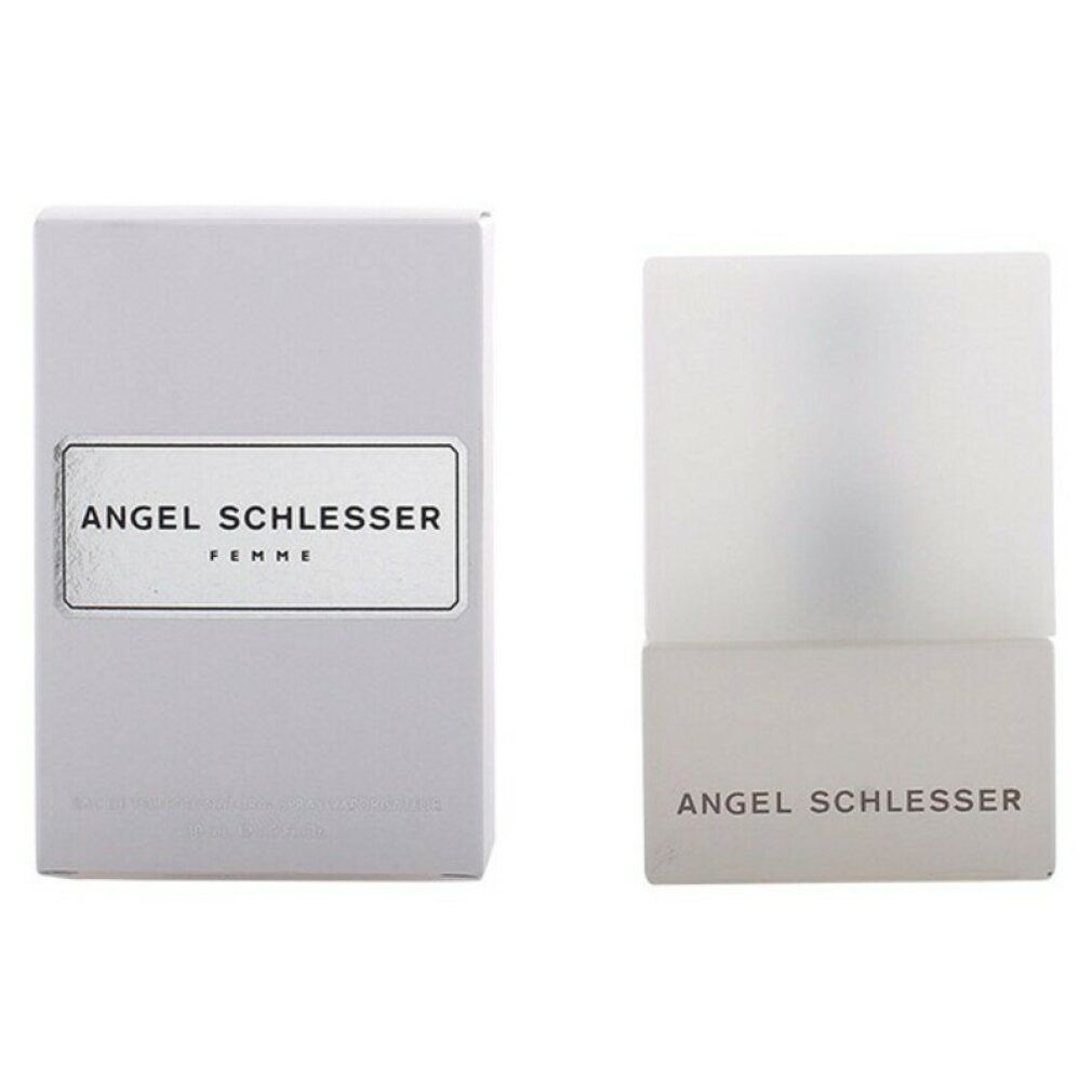 Spray Eau de Toilette bianco e confezione. Scritta: Angel Schlesser Femme.