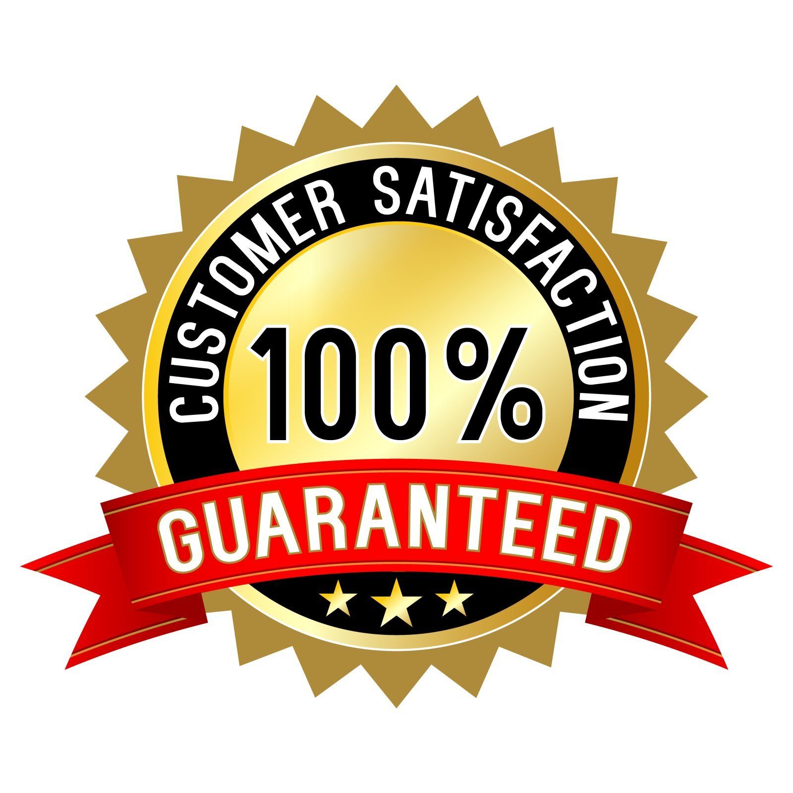 Distintivo dorato con la scritta: 100% Soddisfazione del cliente garantita. Nastro rosso con stelle.