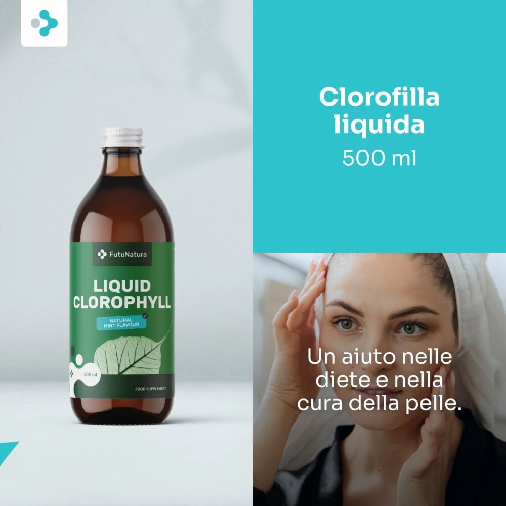 Bottiglia di Clorofilla liquida. Scritta: Liquid Chlorophyll, Natural Mint Flavour. 500 ml. Donna si tocca il viso.
