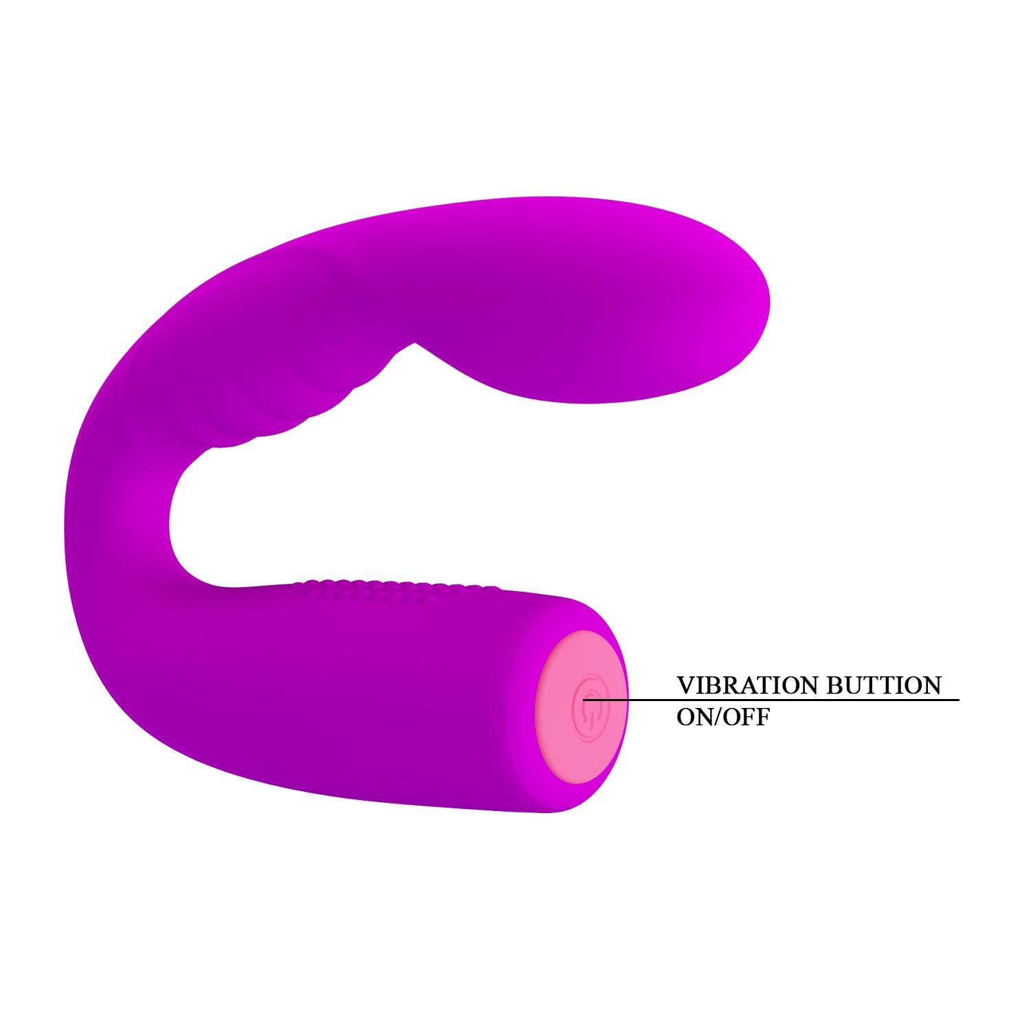 Prodotto viola a forma di U. Estremità rosa con pulsante e testo: VIBRATION BUTTON ON/OFF.