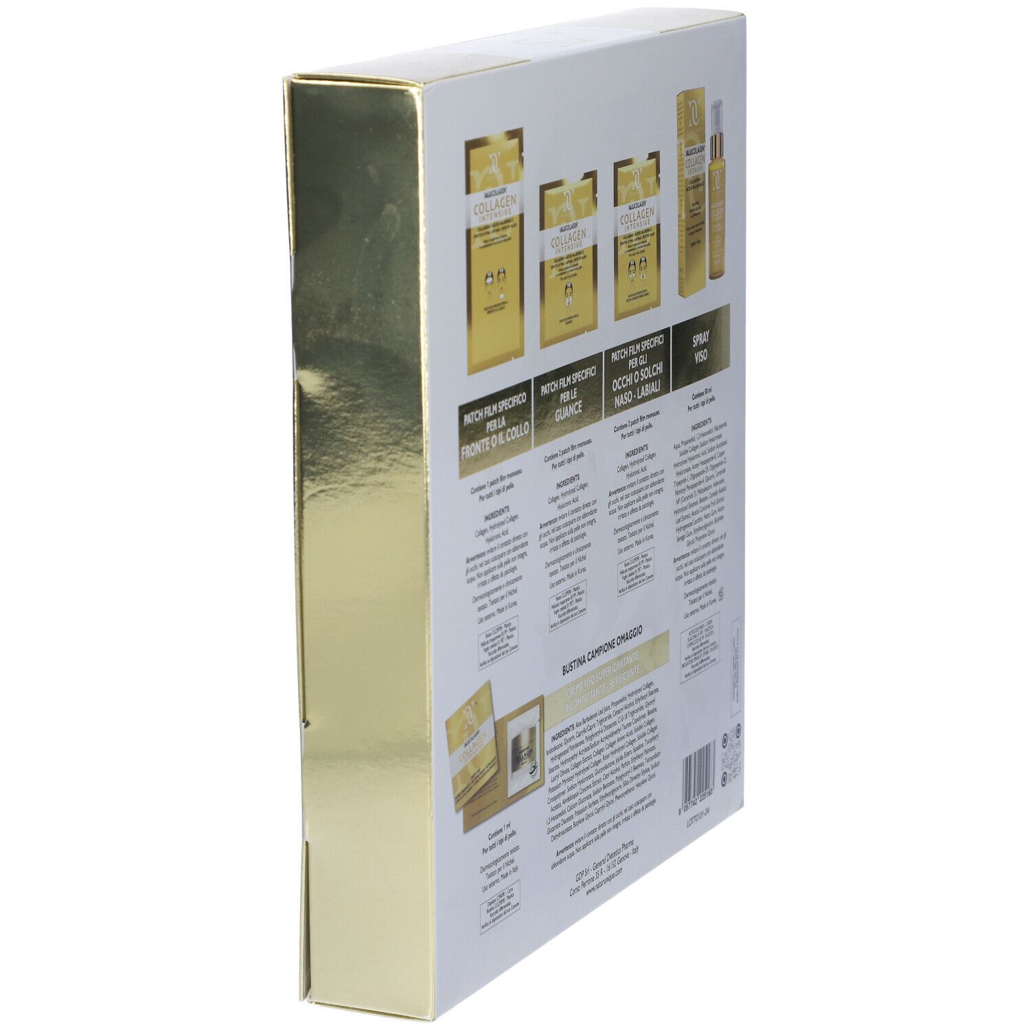 Scatola dorata, vista laterale. Testo: Natur Unique, Ialucollagen Collagen Intensive, Beauty Routine Treatment.