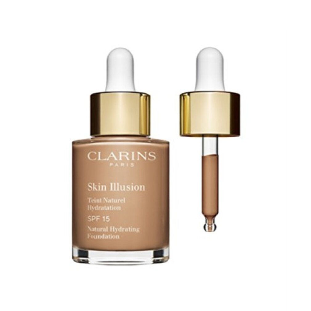 Flacone di trucco Clarins Skin Illusion con contagocce. Scritta Skin Illusion, SPF 15. Contagocce accanto.