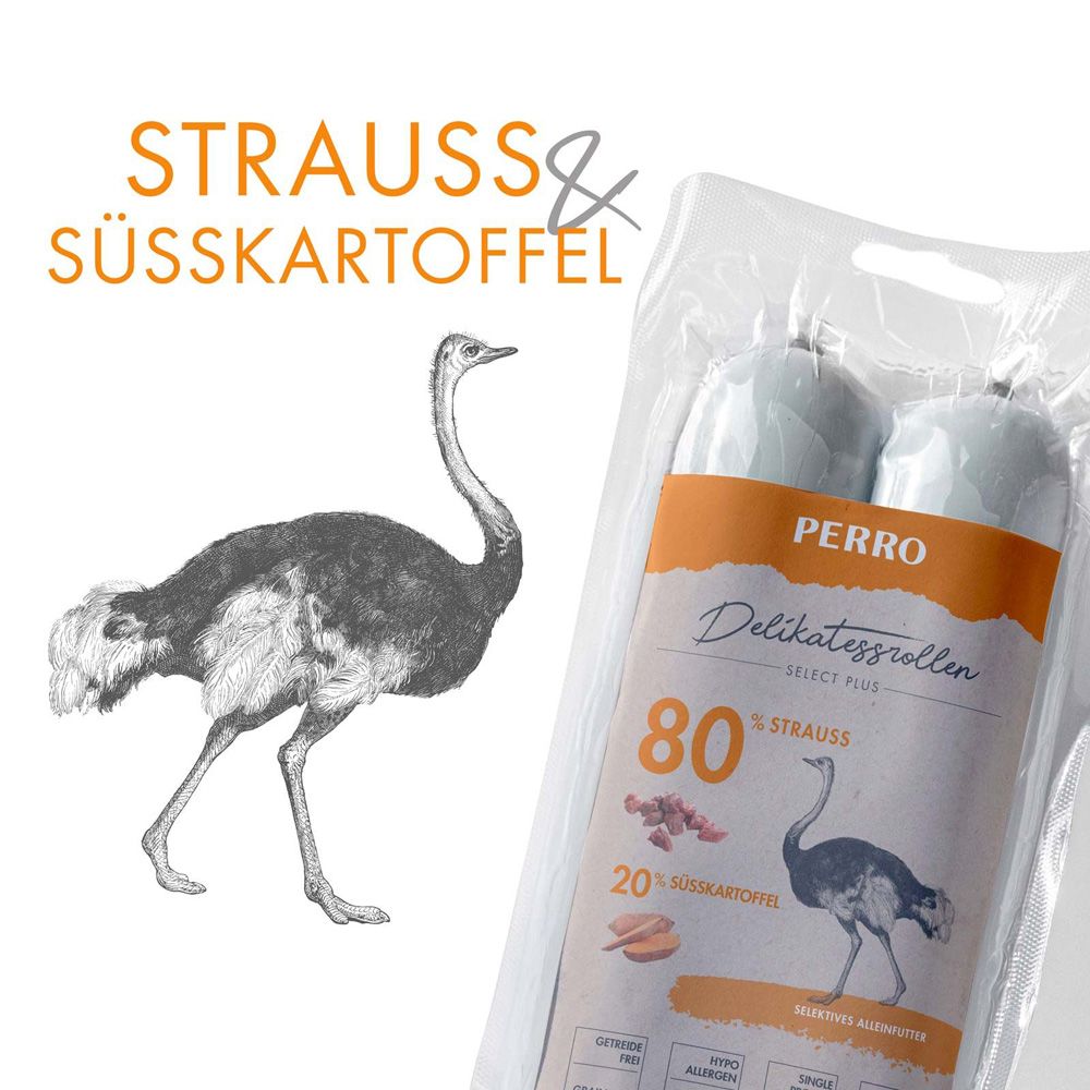 Confezione con due rotoli. Stampa con struzzo, testo: PERRO Delikatessrollen, 80% struzzo, 20% patata dolce.