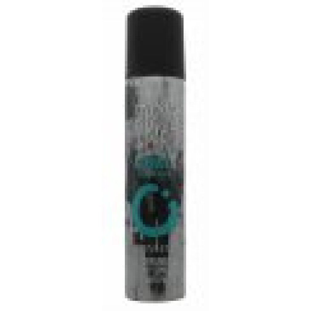 Flacone spray corpo con tappo nero. Scritta: Street Wear, Peace, Revlon. Elemento di design turchese.