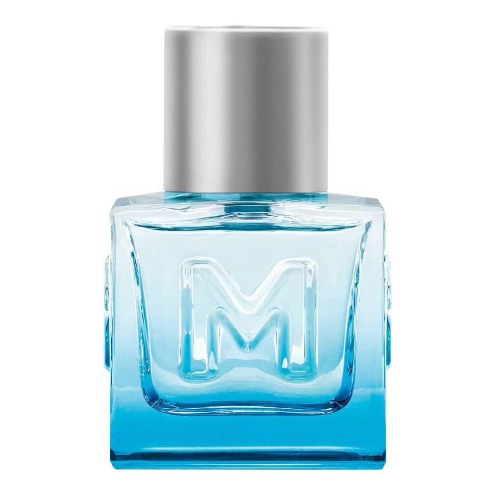 Flacone azzurro chiaro con tappo argentato. 'M' in rilievo sul davanti. Forma quadrata. Flacone in vetro.