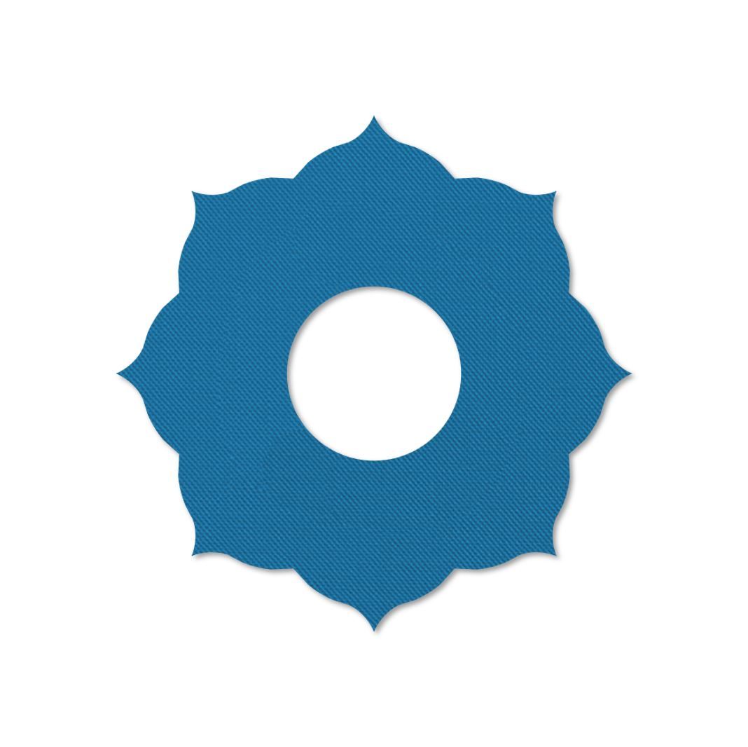 Anello di fissaggio blu con bordo ondulato e foro centrale. Superficie simile al tessuto.