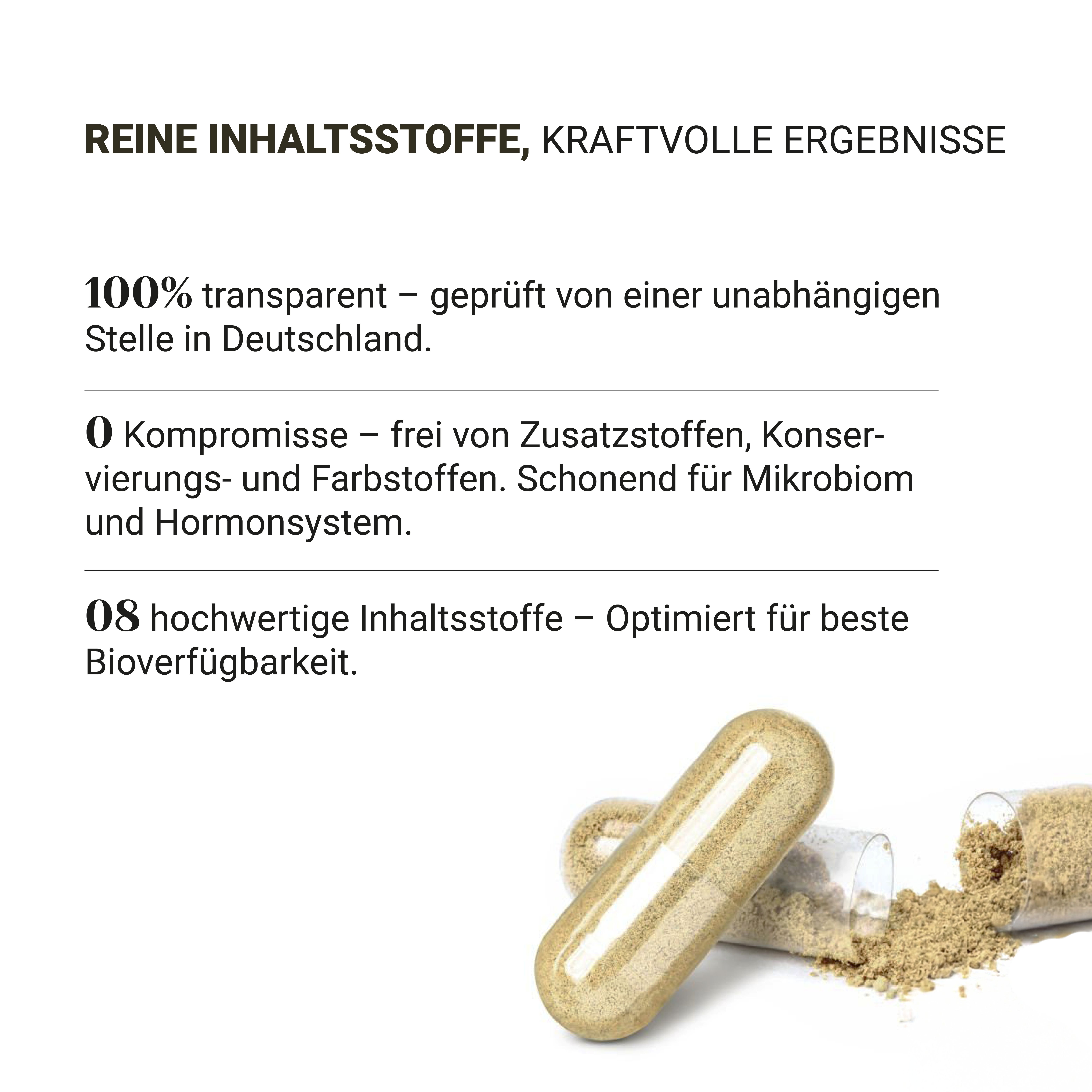 Capsule e polvere. Testo: Ingredienti puri, risultati potenti.