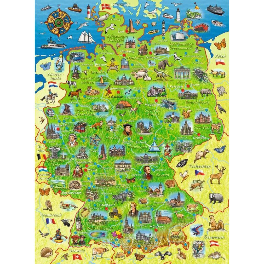 Puzzle mappa della Germania. Raffigurati monumenti e animali. Senza confezione. Marchio Ravensburger.