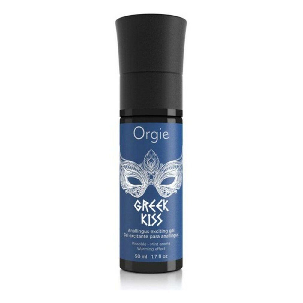 Flacone blu con tappo nero. Scritta "Orgie Greek Kiss". Gel anale. Design maschera. 50 ml.