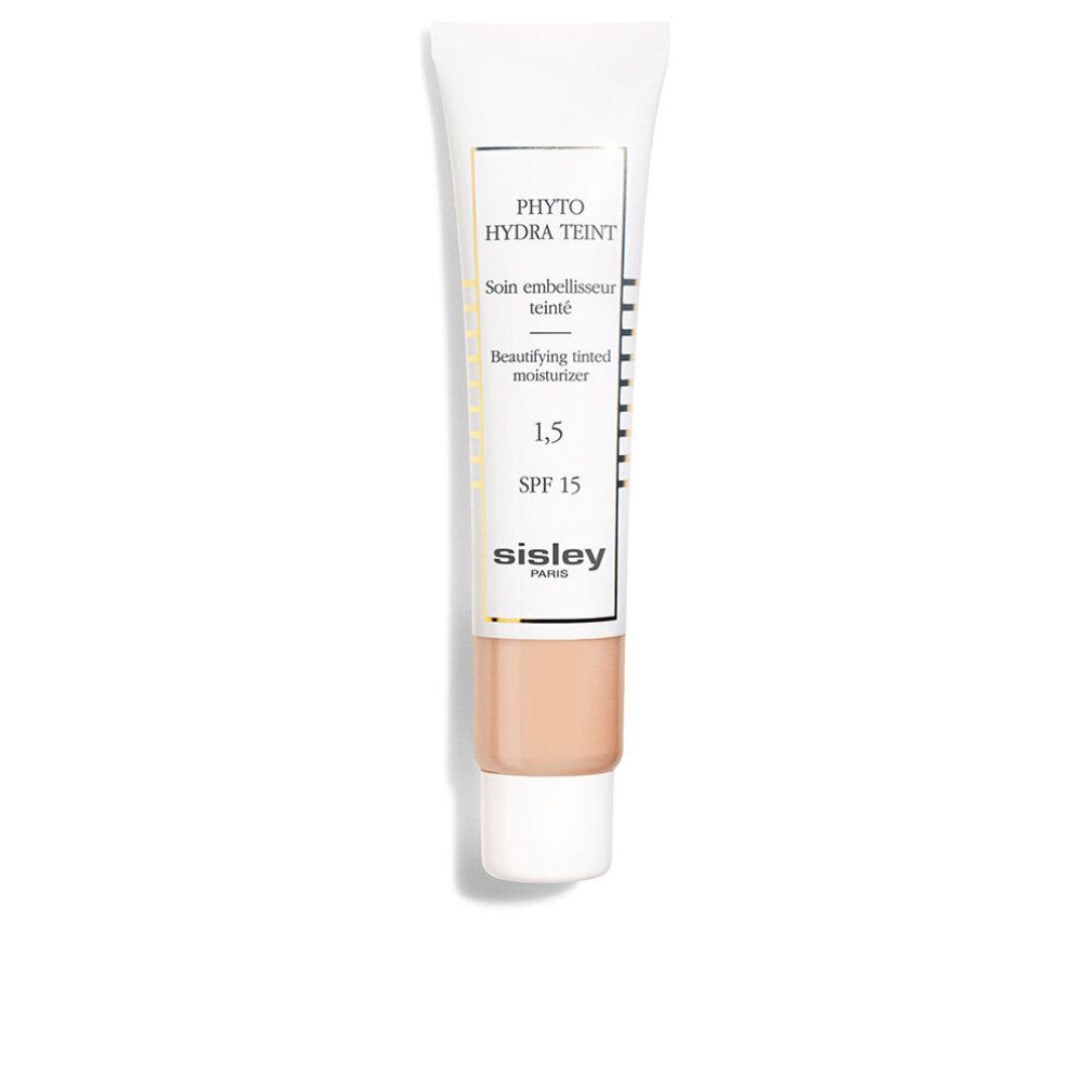 Tubo Sisley Phyto-Hydra Teint. Tonalità 1.5. Testo: SPF 15. Marchio: Sisley Paris. Tubo bianco con contenuto beige.
