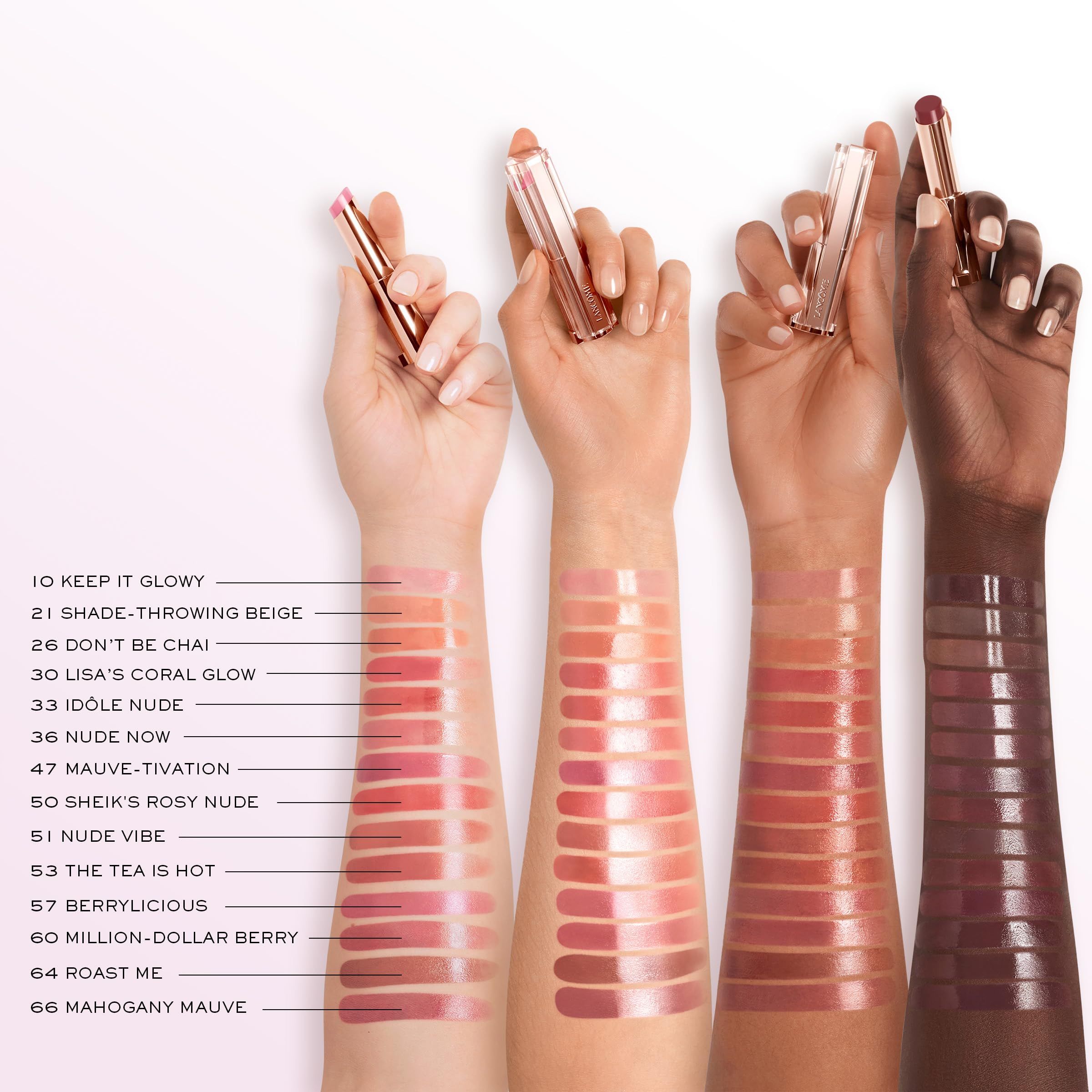 Mani che tengono stick di balsamo labbra in diverse tonalità. Testo: Lip Idôle Perfect Pairs. Designazioni delle tonalità: 10, 21, 26, 30, 33, 36, 47, 50, 51, 53, 57, 60, 64, 66.