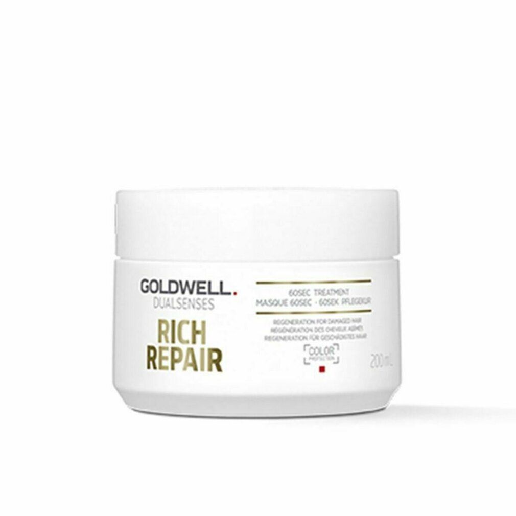 Goldwell Dualsenses Rich Repair 60 Sekunden Treatment. Vaso bianco, testo dorato. Testo: Rigenerazione per capelli danneggiati.