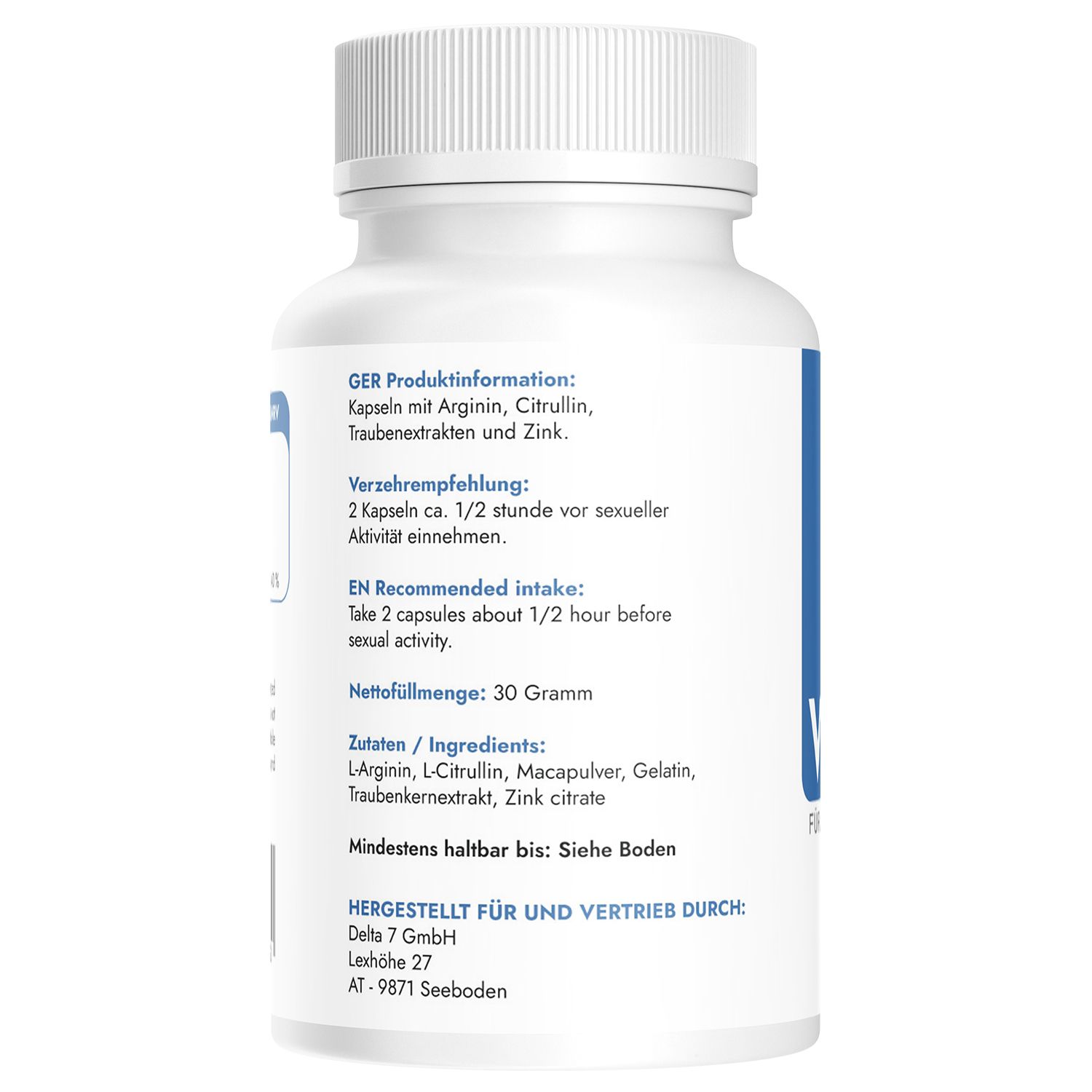 Retro del flacone. Informazioni sul prodotto, raccomandazioni per l'uso, ingredienti, scadenza. Produttore: Delta 7 GmbH.