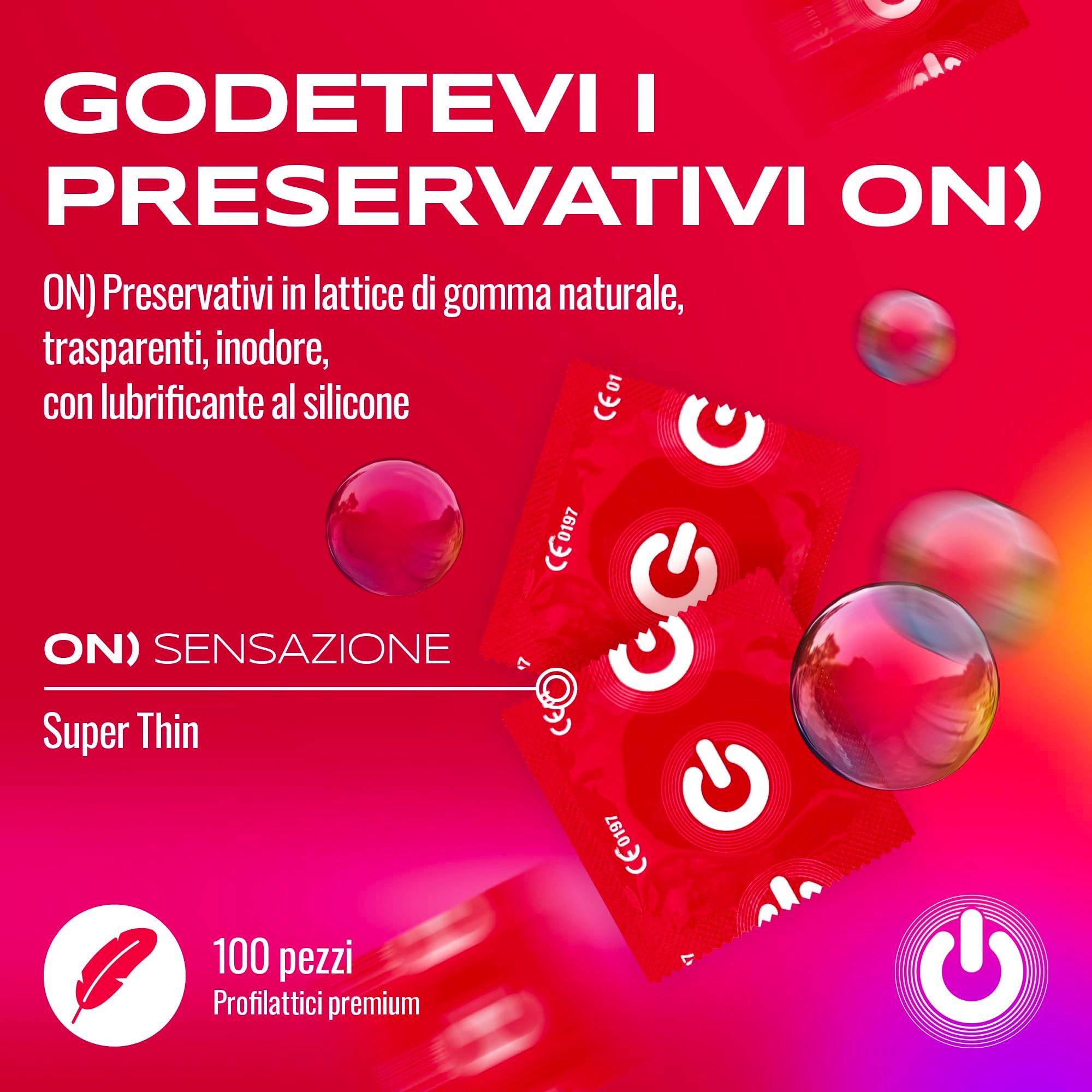 Confezione da 100 preservativi ON) Super Thin in lattice naturale, trasparenti, inodori, con silicone.