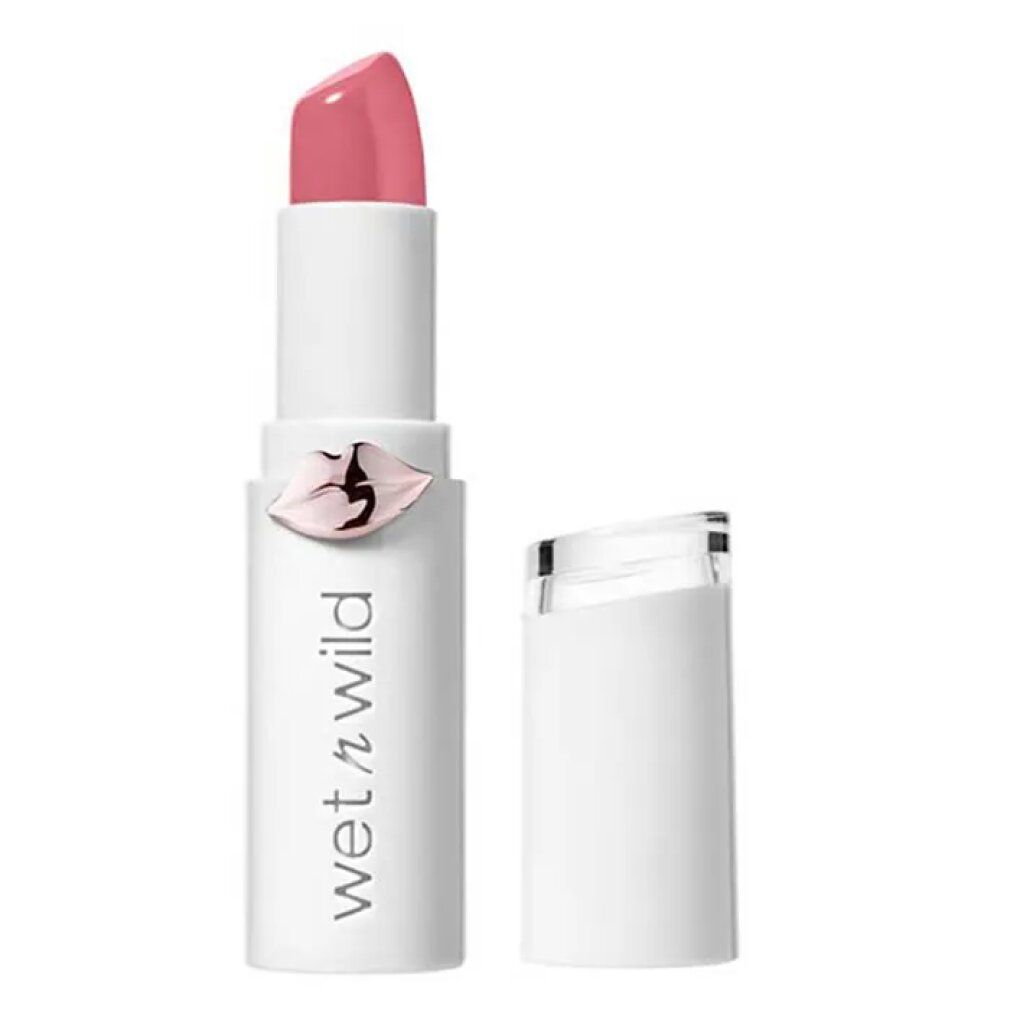 Rossetto rosa, astuccio bianco, cappuccio trasparente. Marchio: Wet n Wild.