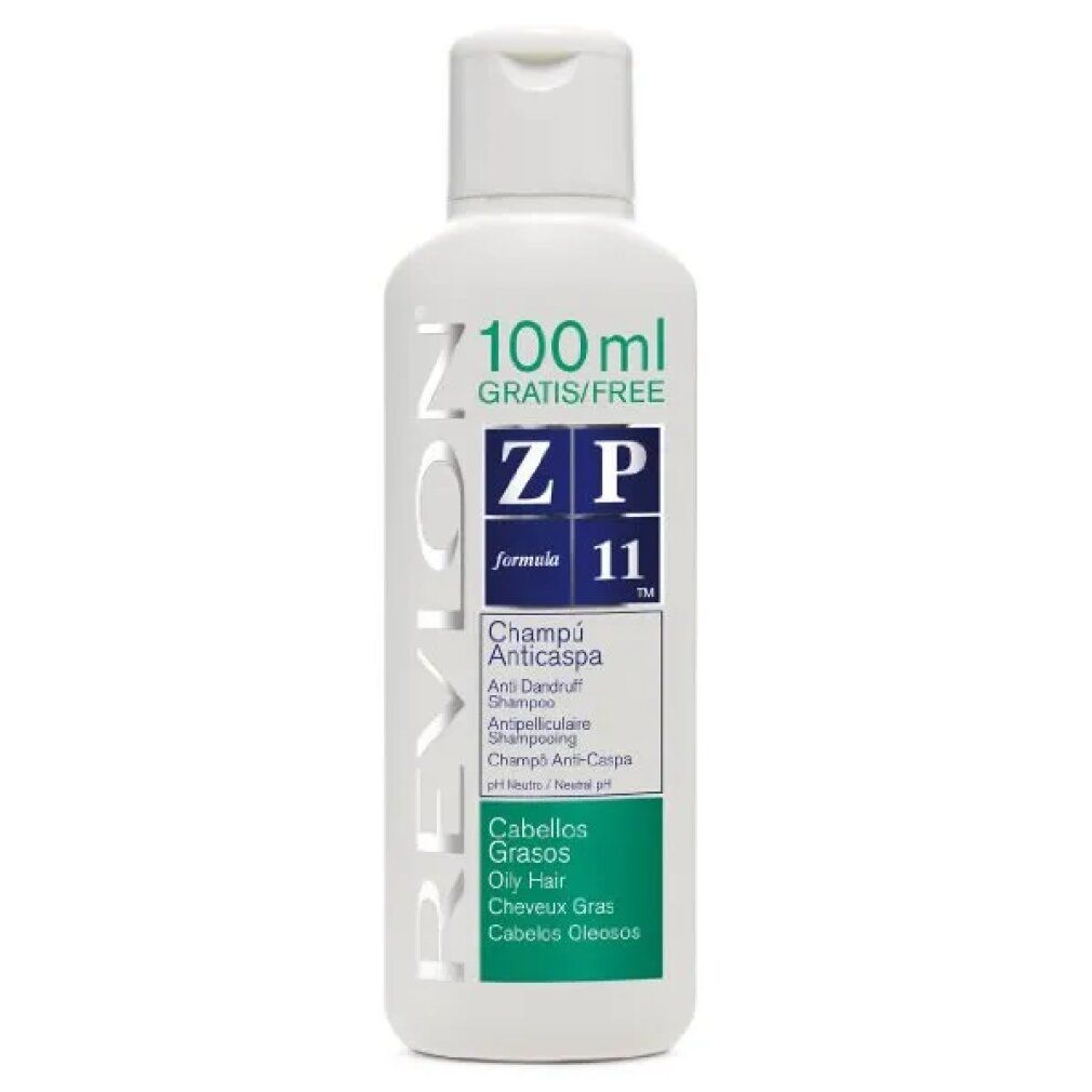 Flacone di shampoo bianco con etichetta verde e bianca. Testo: Revlon, ZP 11, Champú Anticaspa, Cabellos Grasos. Gratis/Free.