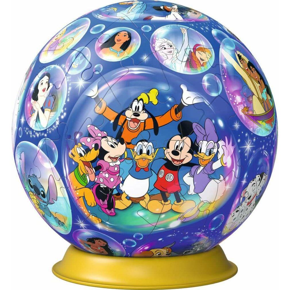 Puzzle 3D a sfera con personaggi Disney. Sfera blu con base gialla. Personaggi Disney in bolle.