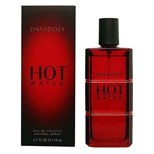 Davidoff Hot Water Eau de Toilette. Flacone rosso e confezione nera. Scritta: HOT WATER, DAVIDOFF.