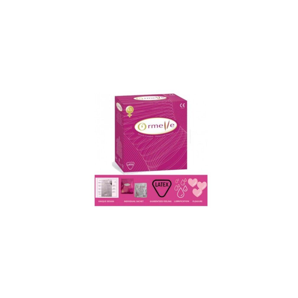 Confezione rosa Ormelle. Contiene simbolo lattice e marchio CE. Sono raffigurati anche pittogrammi e cuori.