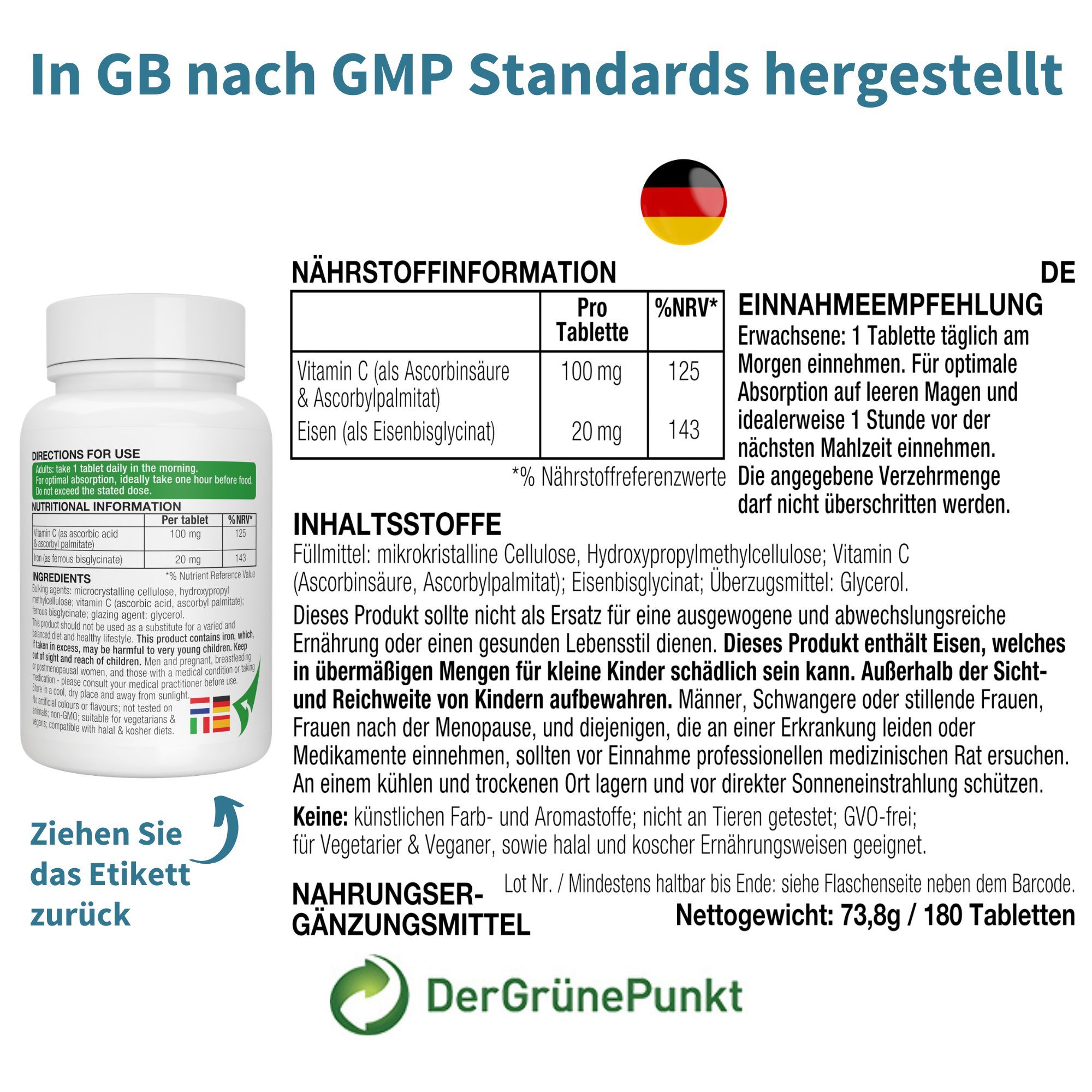 Retro del flacone di Igennus Iron Bisglycinate con informazioni nutrizionali e certificazioni.