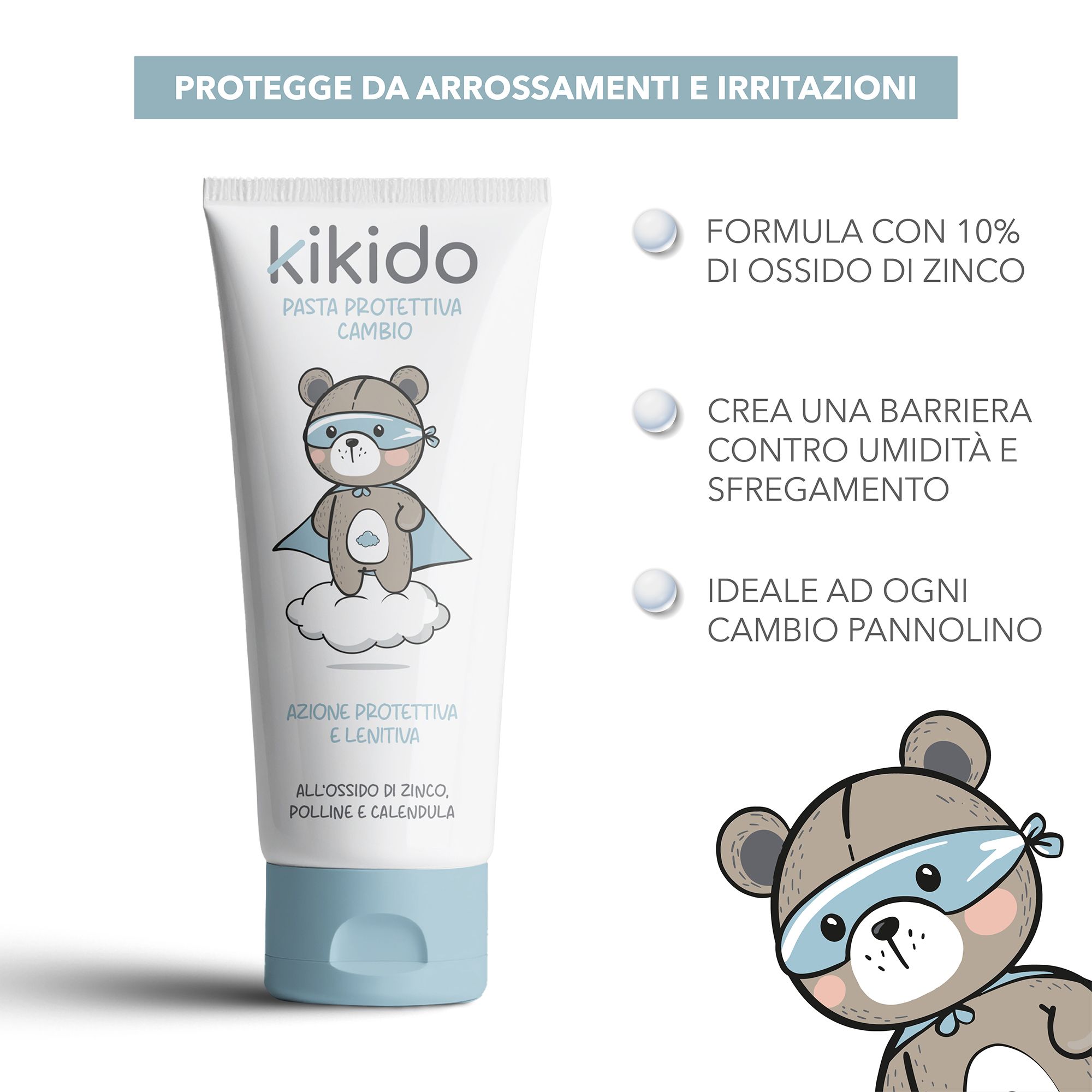 Tubo bianco con tappo blu. Scritta "kikido" e illustrazione di un orso. Testo: Pasta Protettiva Cambio. Testi aggiuntivi.