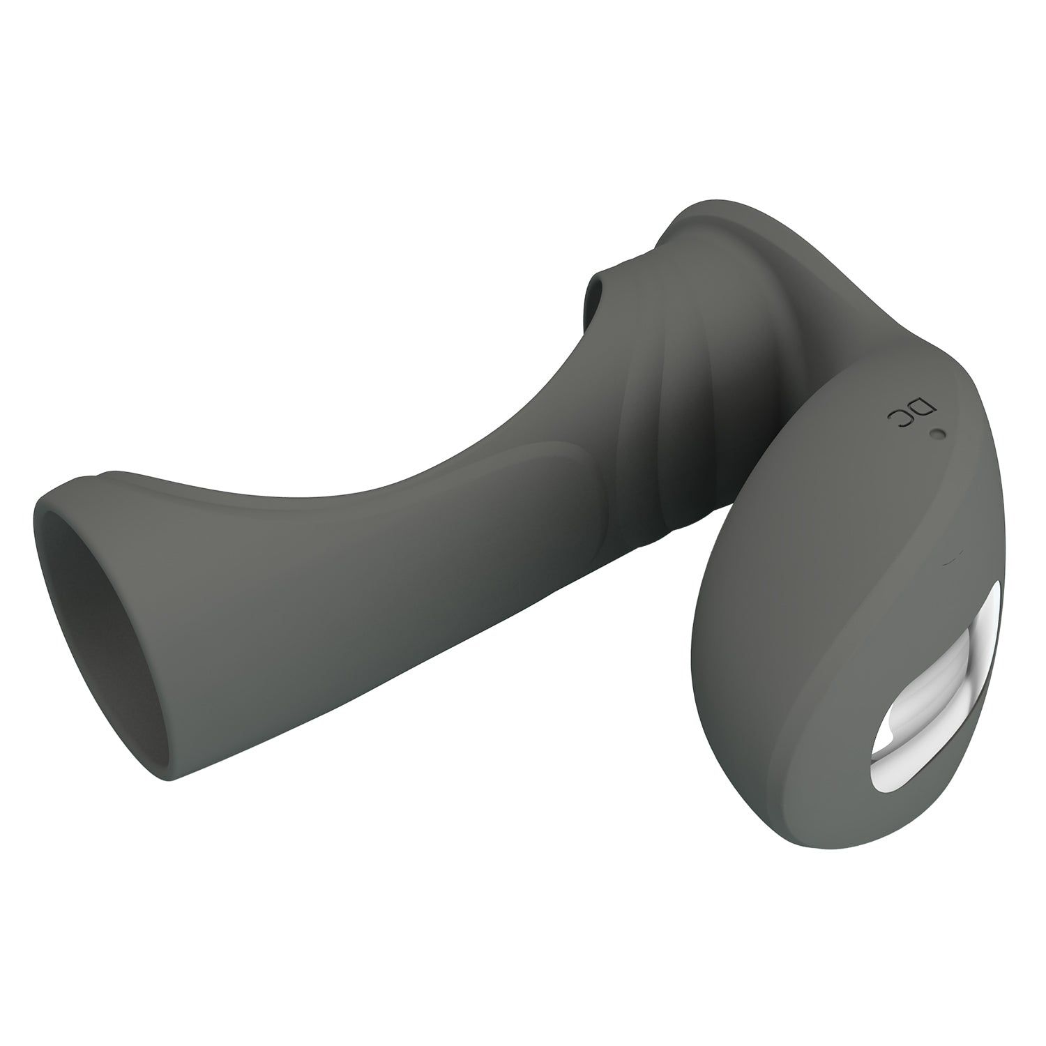 Anello grigio con forma curva e sporgenza. Include un'apertura rotonda e una punta allungata con pulsante.