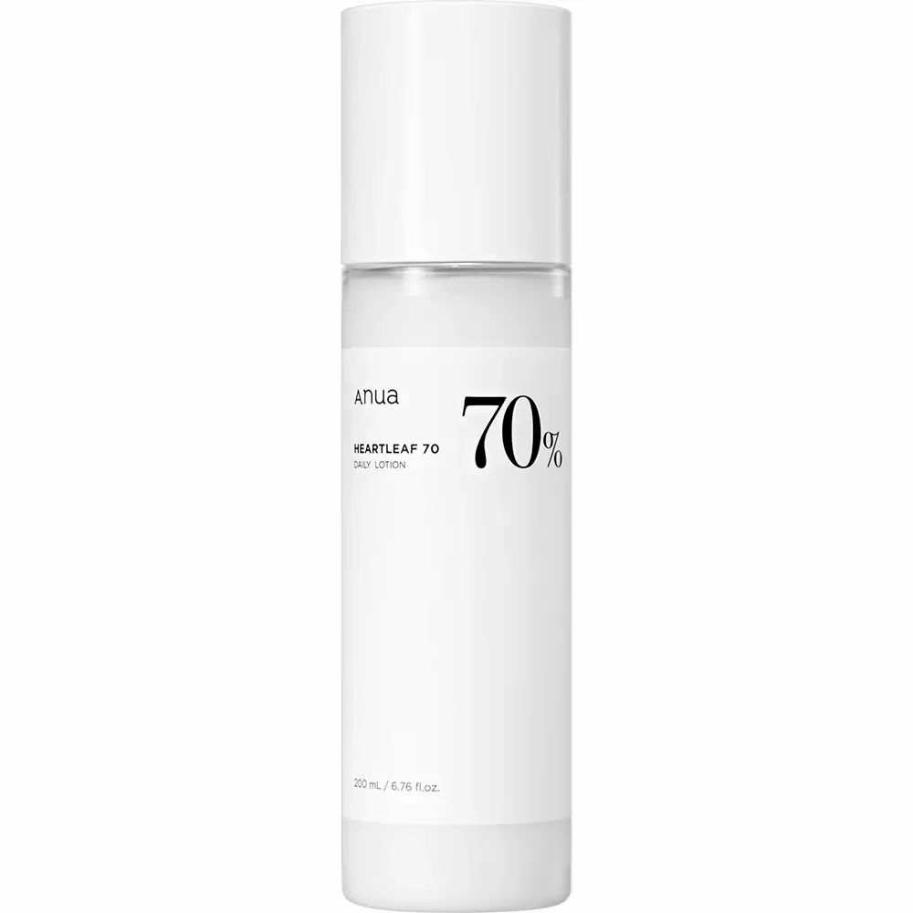 Flacone di lozione bianco con testo nero. Scritta: Anua, Heartleaf 70% Daily Releaf Lotion, 70%.