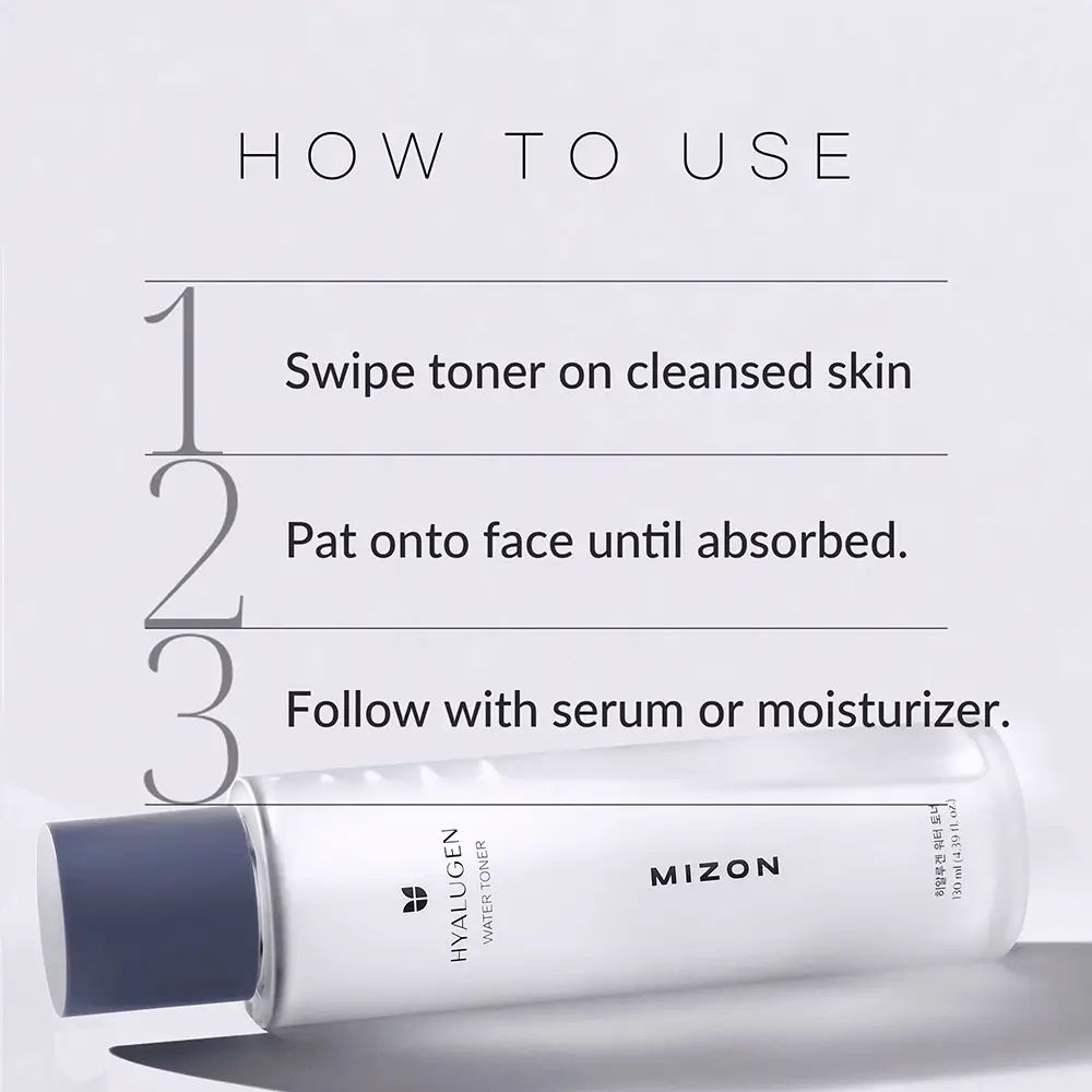 Istruzioni per l'uso del toner per il viso. 1. Applicare il toner sulla pelle pulita. 2. Tamponare sul viso. 3. Siero o crema idratante.