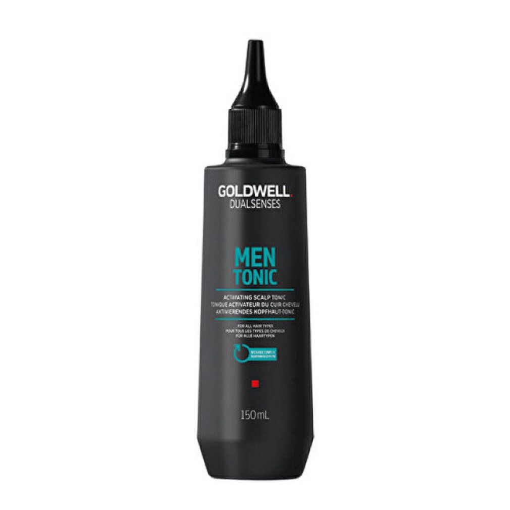 Flacone nero con applicatore nero. Scritta: Goldwell Dualsenses Men Tonic. Tonico attivatore cuoio capelluto. 150ml.