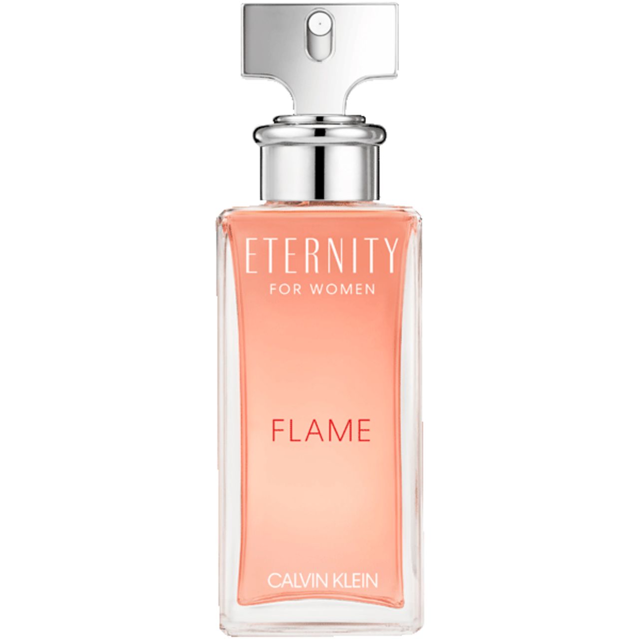 Flacone rettangolare con vaporizzatore argentato. Scritte: Eternity for Women, Flame, Calvin Klein. Liquido rosa.