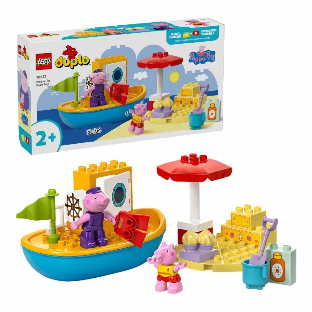Set LEGO Duplo. Include una costruzione di barca gialla e blu con personaggi di Peppa Pig, accessori da spiaggia e confezione.