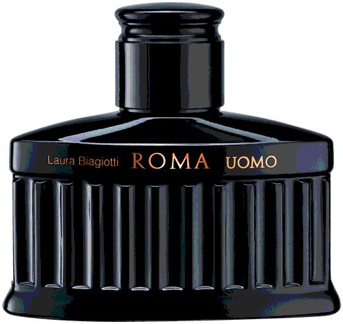 Flacone nero Laura Biagiotti Roma Uomo. Scritta dorata. Superficie scanalata.