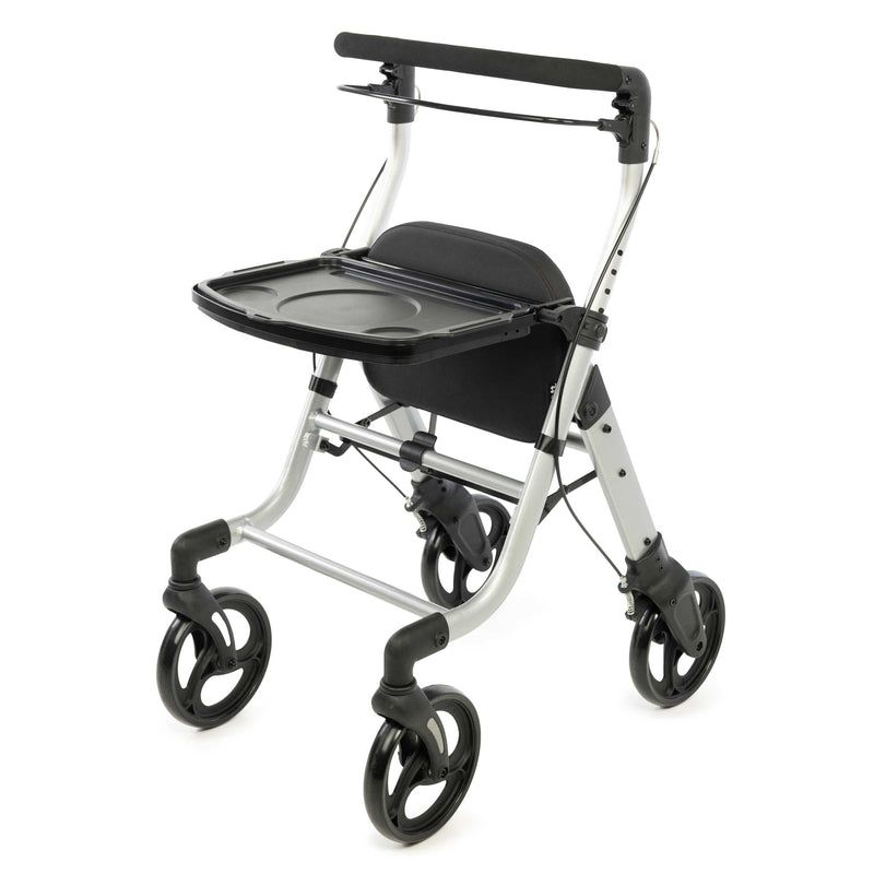 Leggero deambulatore in alluminio con sedile, vassoio e borsa.