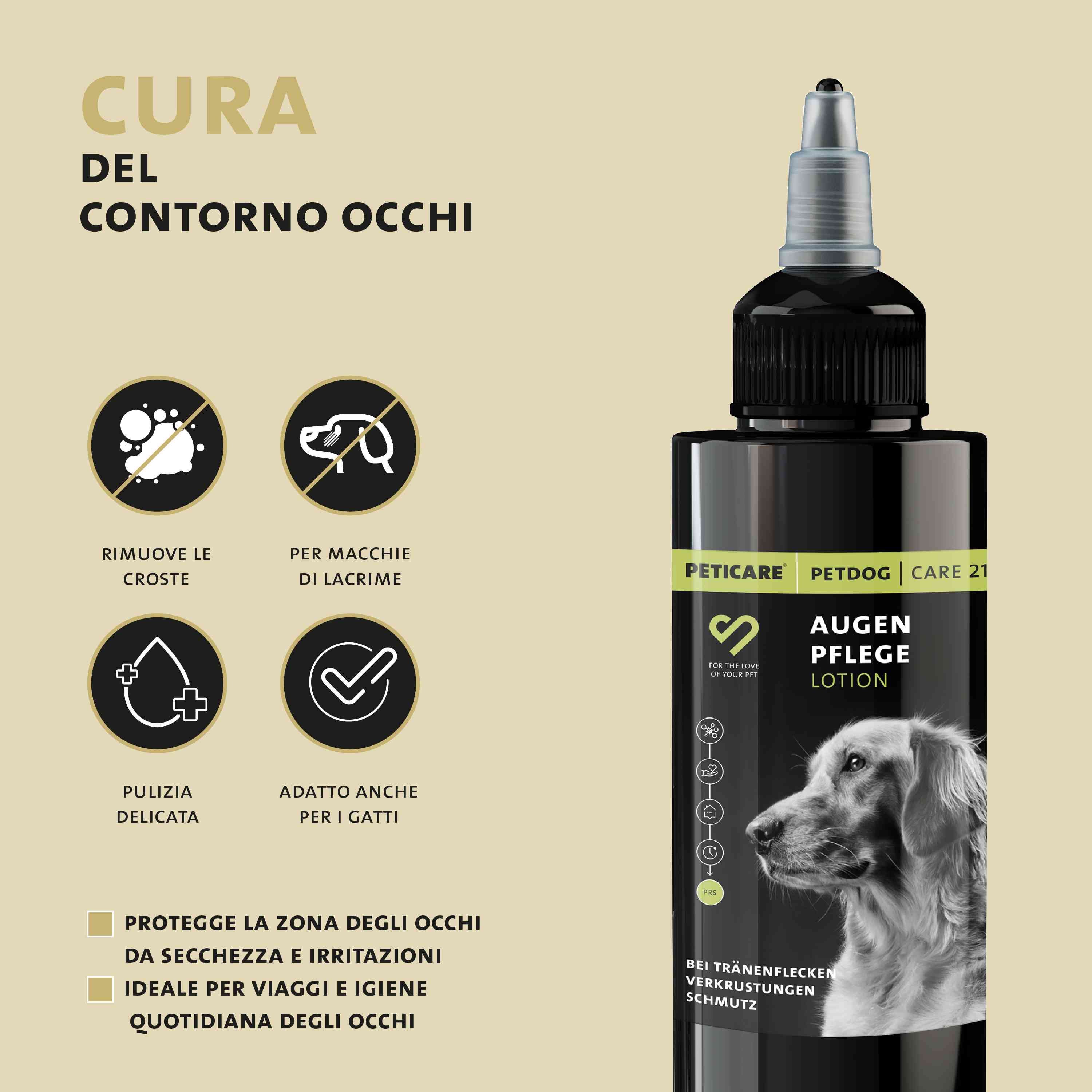 Peticare Augenpflege Lotion. Testo: Cura per il contorno occhi. Adatto anche per i gatti.