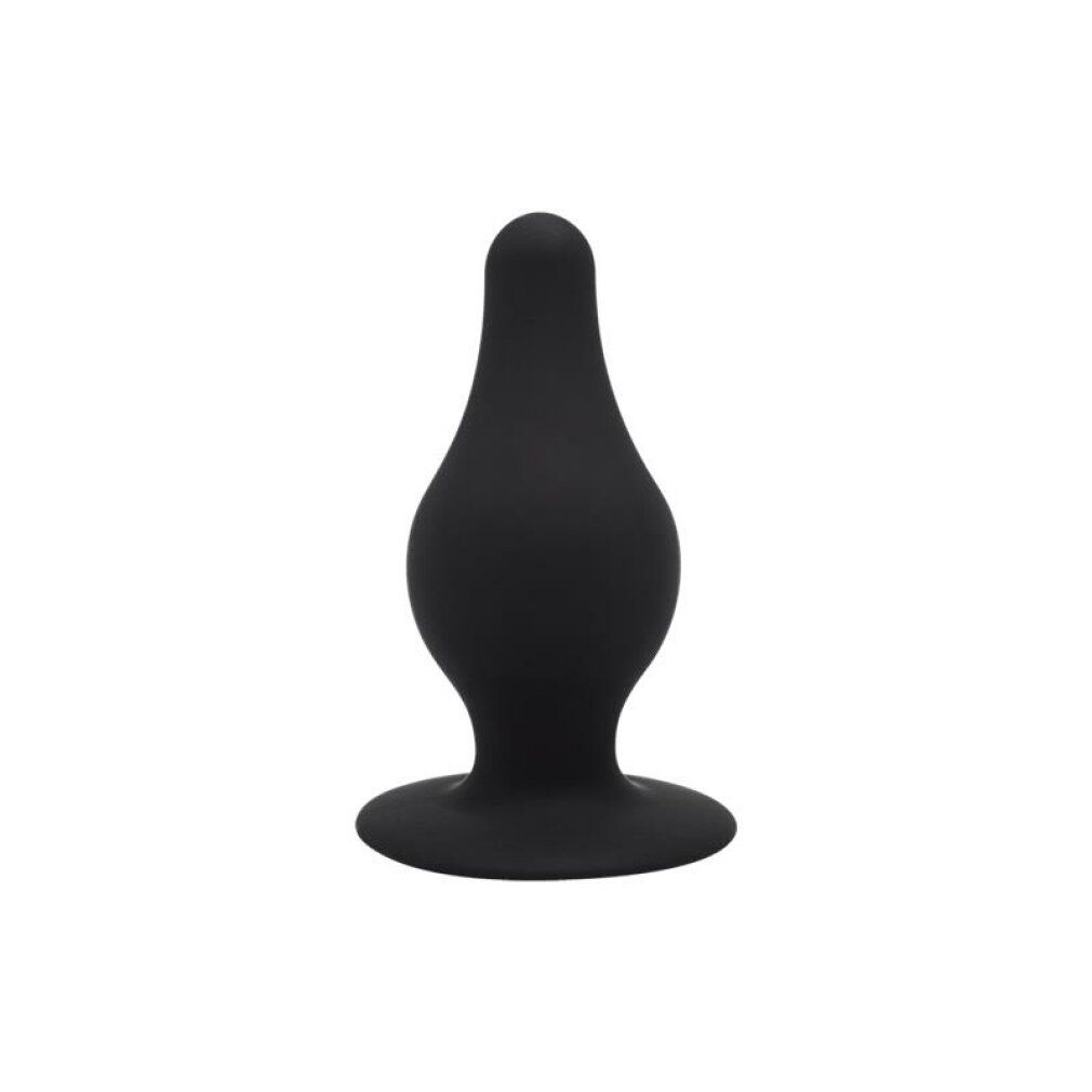 Plug anale nero. A forma di goccia, con base ampia. In silicone.