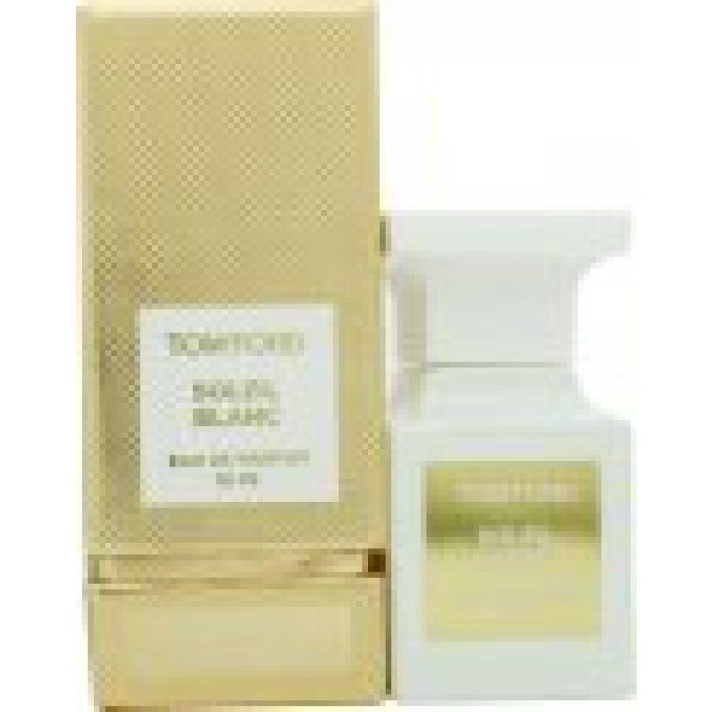 Flacone bianco e confezione dorata. Scritta: Tom Ford Soleil Blanc Eau de Parfum 30 ml. Flacone con tappo bianco.