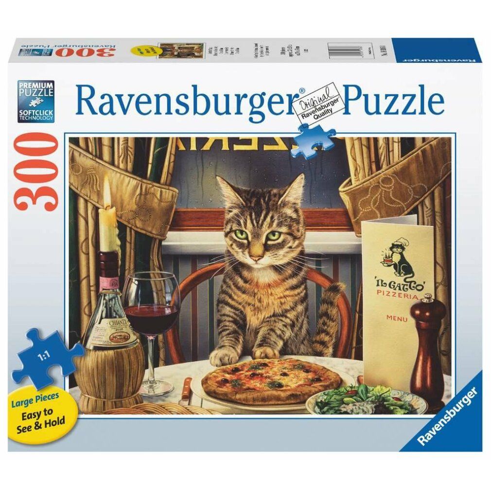 Scatola puzzle Ravensburger con motivo gatto. 300 pezzi, grande pezzo di puzzle. Motivo: gatto a tavola con pizza.