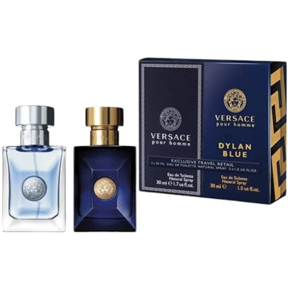 Set regalo con due flaconi e una scatola. Un flacone azzurro e una bottiglia blu. Scatola blu con logo e scritta.