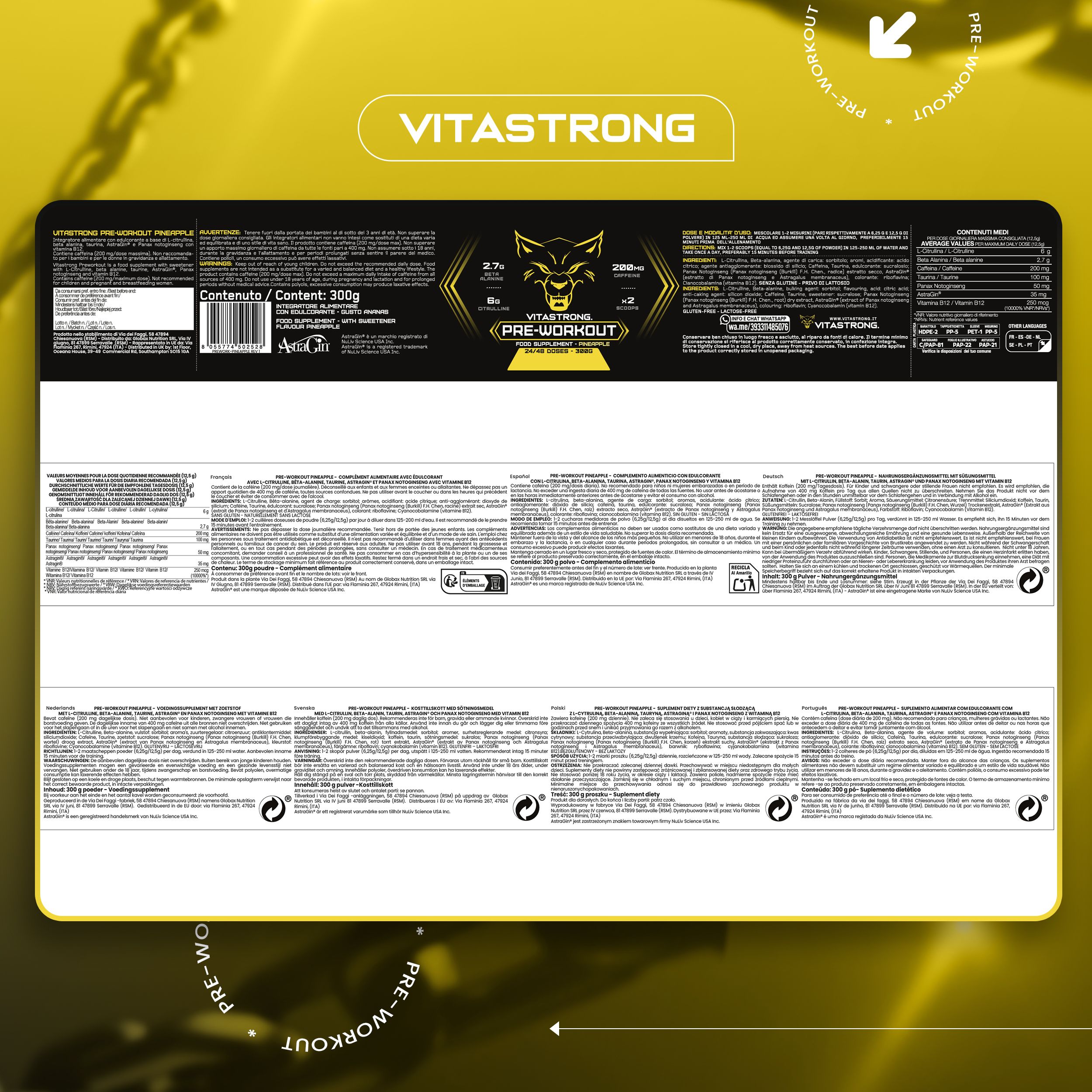 Retro della confezione del prodotto. Testo: Vitastrong Pre-Workout. Informazioni sul prodotto.