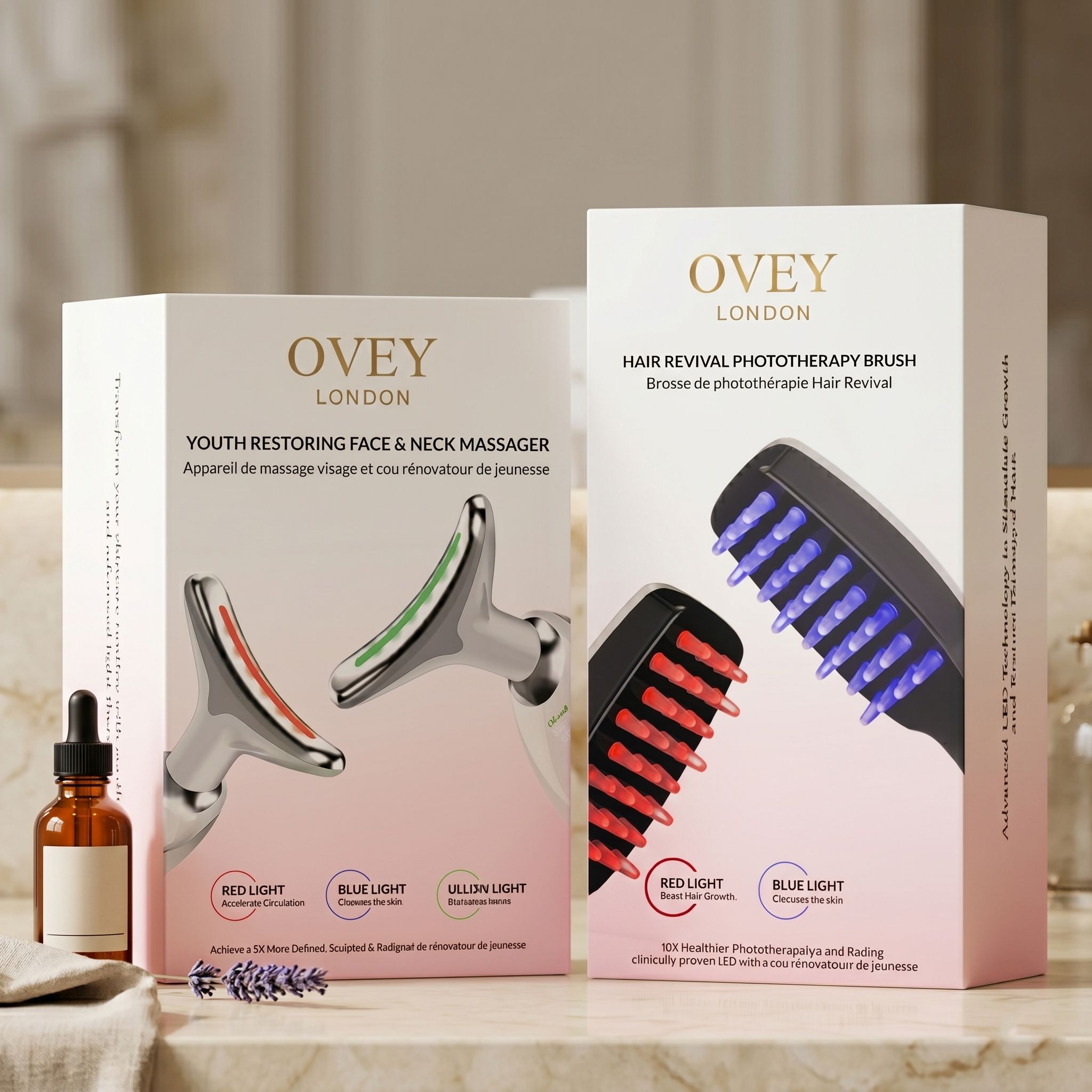 Due confezioni di prodotti con logo OVEY LONDON. Una mostra un massaggiatore, l'altra una spazzola per capelli. Una bottiglia è accanto.
