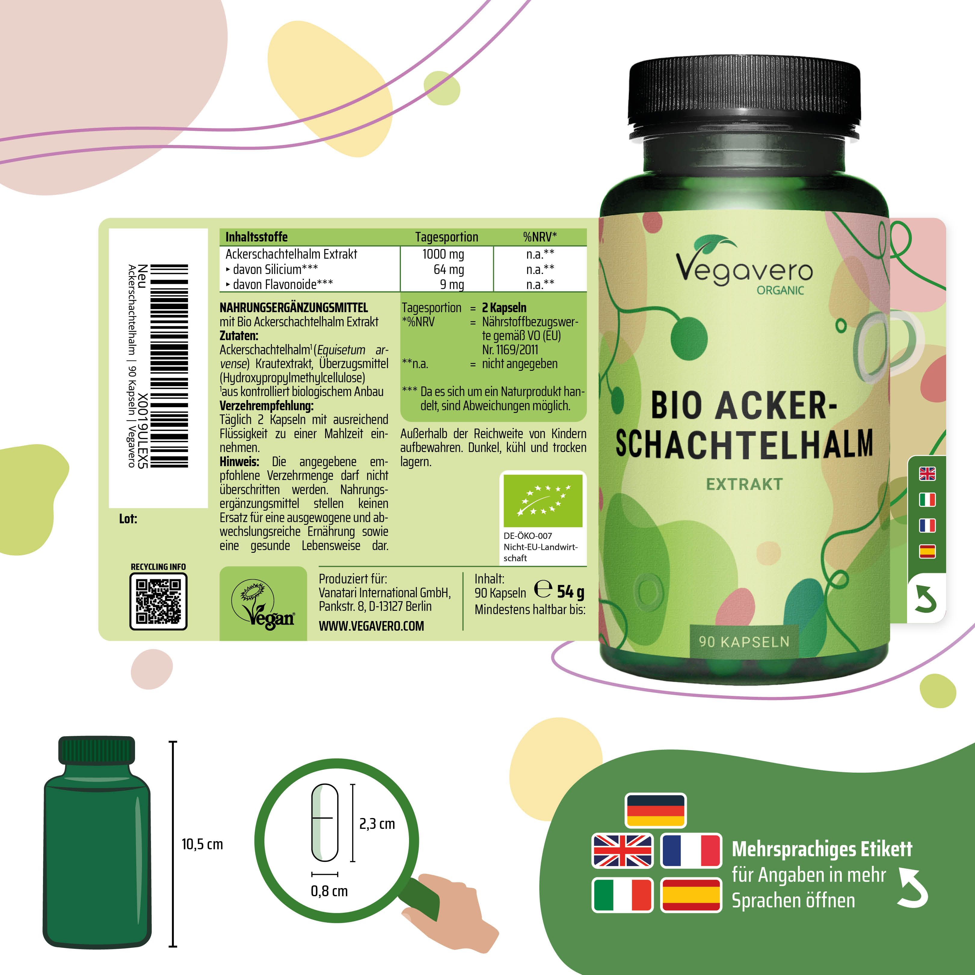 Etichetta del prodotto con informazioni su ingredienti e valori nutrizionali. Flacone di capsule. Etichette multilingue.